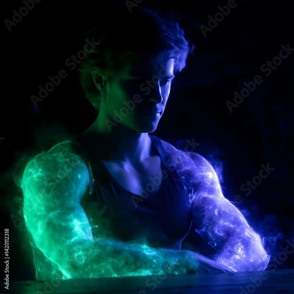 Obraz Energetic Young Man with Vibrant Blue and Green Light Displaying Inner Strength and Determination.