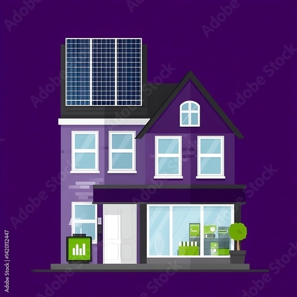 Fototapeta Energy Efficient Home with Solar Panels and Graph Displaying Power Usage on a Purple Background