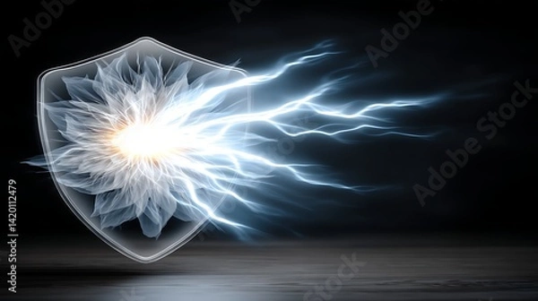 Obraz Energy Shield Protection Flower with Lightning Bolts and Glowing Center on Reflective Surface.