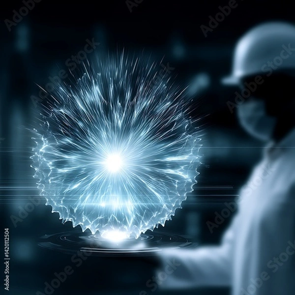 Obraz Energy Sphere Held by Technician Wearing Protective Mask in Advanced Futuristic Laboratory