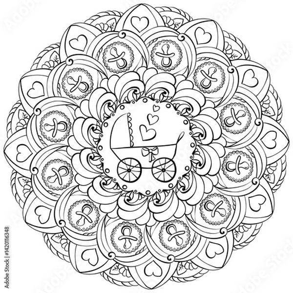 Obraz Fantasy mandala with baby carriage and other objects, meditative coloring page for baby shower party or other activity