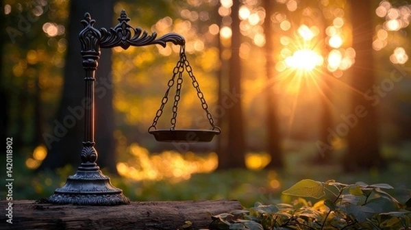 Fototapeta Scales against the sunset, symbolizing balance in nature