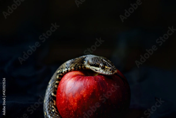 Obraz Serpent enroulé autour d’une pomme rouge sur fond sombre, symbolisme du péché originel dans la Genèse, tentation au jardin d’Éden, représentation religieuse et morale