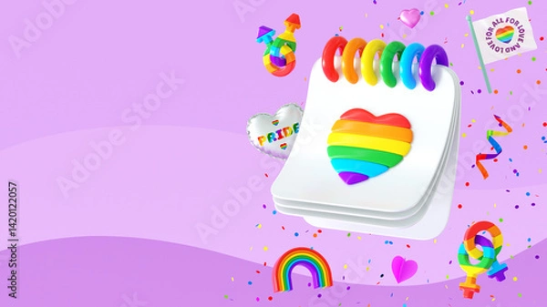 Fototapeta Happy Pride banner template with rainbow heart on a calendar and symbols floating on a pink background for LGBTQIA+ Pride month and love diversity celebration in 3D illustration