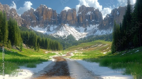 Fototapeta Scenic path towards mountains and green valley