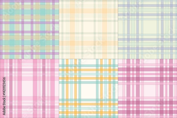 Fototapeta Pastel Plaid Pattern Collection – Soft Checkered Textile Designs in Pink, Peach, and Yellow Hues for Digital Fabrics, Scrapbooking, and Craft Projects