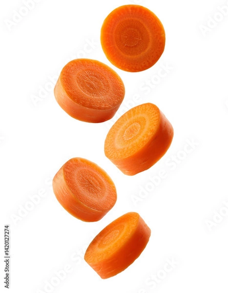 Fototapeta Fresh carrot slices falling on transparent background