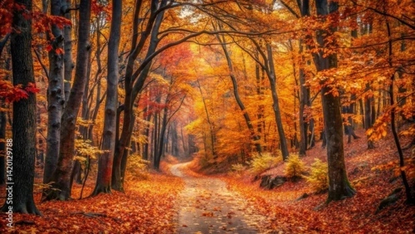Fototapeta Autumnal Pathway Winding Through a Canopy of Vibrant Golden and Red Leaves
