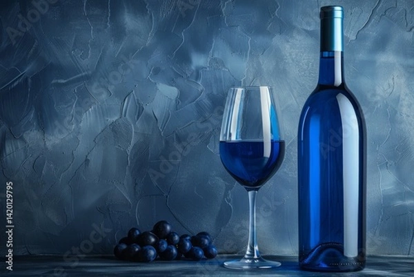 Fototapeta Elegant Blue Wine Bottle and Glass with Grapes on a Textured Background