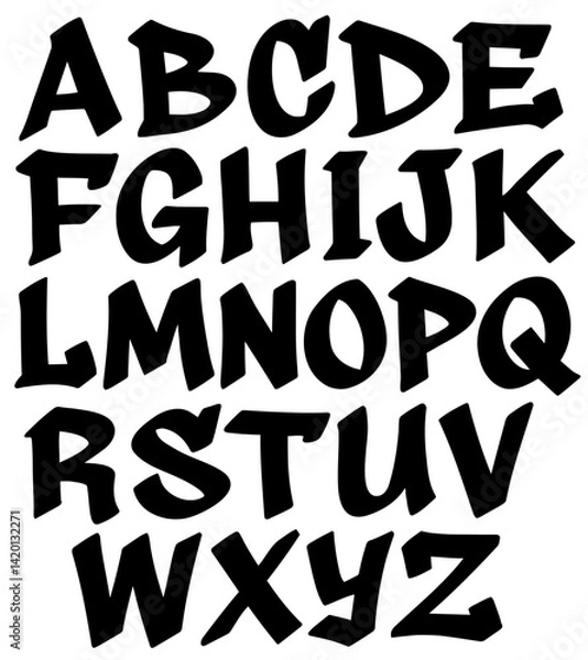 Fototapeta Graffiti letters set, vector hand drawn graffiti alphabet font A to Z, black letters with no outline