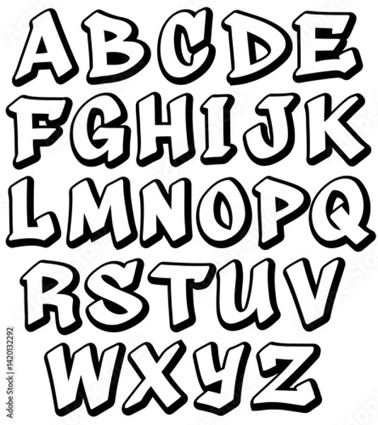 Fototapeta Graffiti letters set, vector hand drawn graffiti alphabet font A to Z, white letters with black outline and black shadow