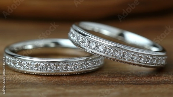 Fototapeta Shiny metal rings with gem accents on wooden surface