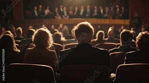 Fototapeta A diverse group of individuals is seated in an auditorium, attentively listening to a presentation