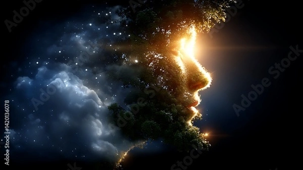 Obraz Face Profile in Nebula of Cosmic Dust Spiritual Essence  Dreamlike Galaxy Universe Exploration.