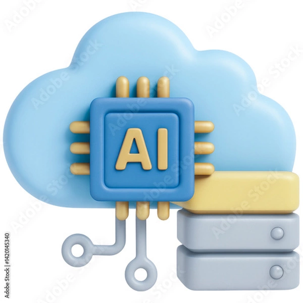Obraz 3D illustration of cloud with AI chip and server, symbolizing artificial intelligence and data storage