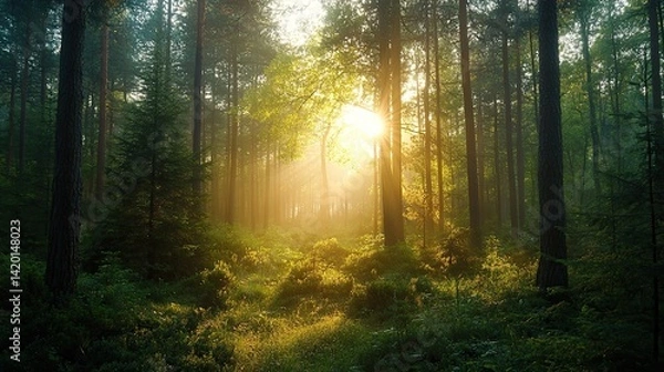 Fototapeta Morning in the forest with soft light filtering through the trees.