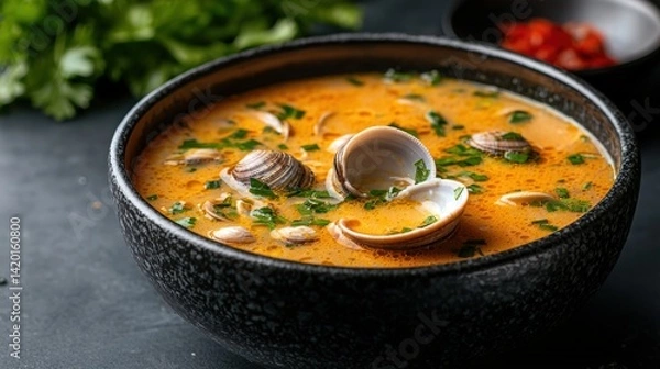 Fototapeta Rich and flavorful clam chowder soup with fresh herbs in a black bowl served on a dark surface for comfort food and seafood dish presentation