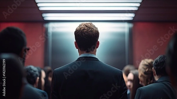 Fototapeta A diverse group of people stands in a well-lit, modern office space, engaged in a discussion.