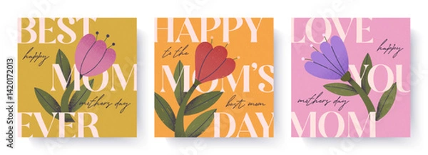 Fototapeta Happy Mothers Day greeting card templates.Trendy designs with bold typography and hand drawn blooming flowers.Seasonal illustrations for spring holiday decor; prints; invitations; offers; covers