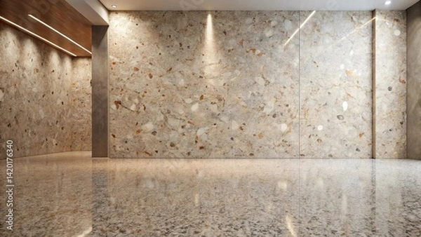 Fototapeta Illuminated Specks A Modern Interior Design Featuring a Polished Concrete Floor and Textured Stone Wall