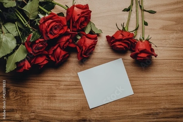 Fototapeta Red roses and blank note card on wood table