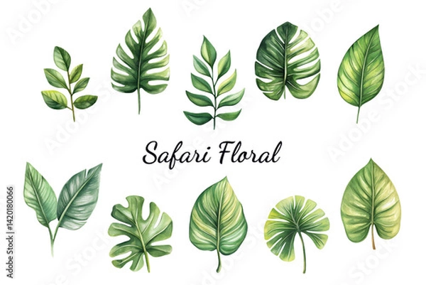 Fototapeta Set of safari green leaves. For fabric, decor, print, card