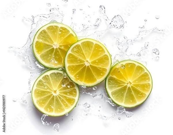 Fototapeta Lime Slices with Crisp Water Splashes Isolated on White