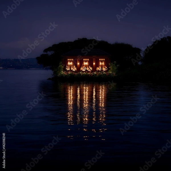 Fototapeta Illuminated Structure Over Water Reflection Amidst Trees and Night Sky Serenity Scenery