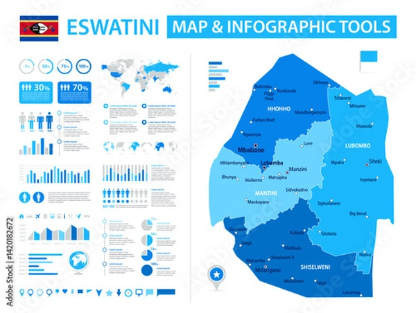 Fototapeta Eswatini Infographic Map with Data Visualization Elements - Vector Map of Eswatini