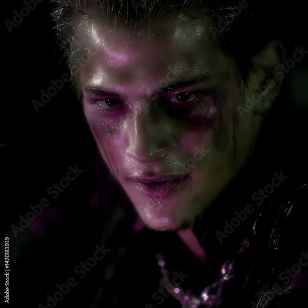 Obraz Intense Portrait of a Man with a Determined Gaze Lit with Purplish Hues Against a Dark Backdrop.