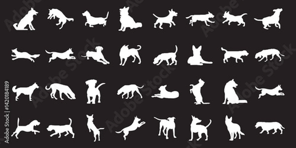 Fototapeta Vector clip art showcasing dogs in different poses, both sitting and standing, created in silhouette style. This clean and minimal design is ideal for pet-themed graphics 
