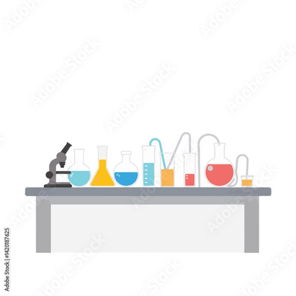 Fototapeta Simplified laboratory table with colorful samples, scientific clarity