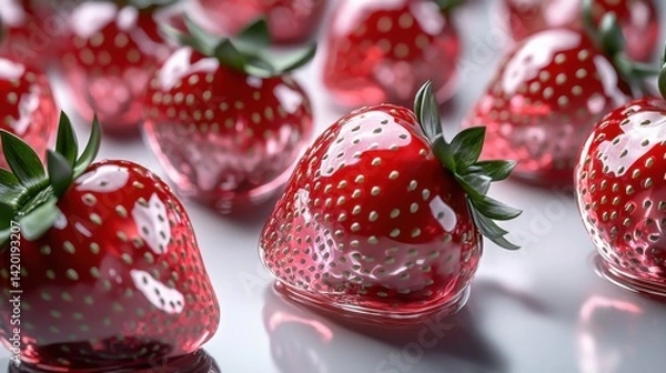 Obraz A close up of a bunch of red strawberries with a shiny, reflective surface