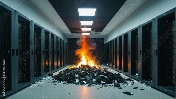 Fototapeta Data Center Inferno: A Catastrophic Failure Resulting in Scorched Servers and a Nightmarish Scenario for IT Professionals.
