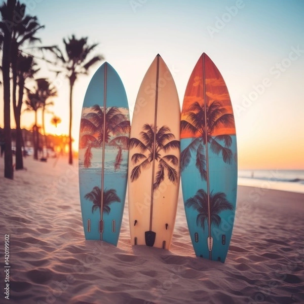 Fototapeta Colored Surfboards standing on a sandy beach against a serene blue ocean backdrop. copy space for text. Vacation concept. Travel concept, Summertime concept with copy space.