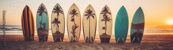 Fototapeta Colored Surfboards standing on a sandy beach against a serene blue ocean backdrop. copy space for text. Vacation concept. Travel concept, Summertime concept with copy space.