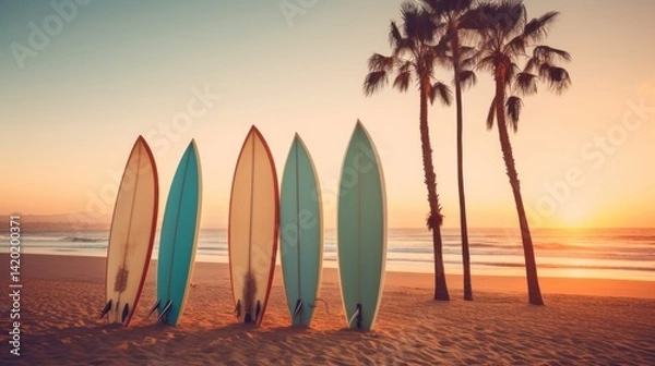 Fototapeta Colored Surfboards standing on a sandy beach against a serene blue ocean backdrop. copy space for text. Vacation concept. Travel concept, Summertime concept with copy space.