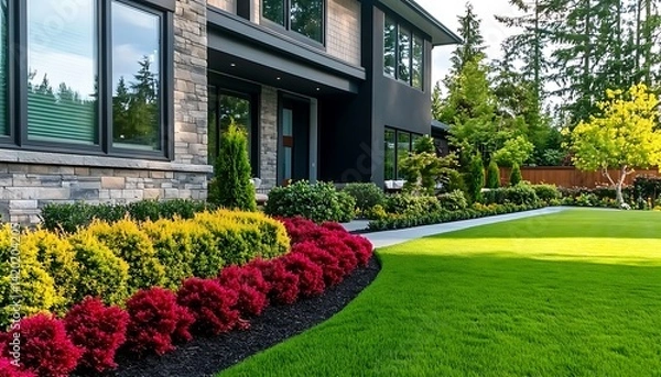 Fototapeta Front yard, landscape design with multicolored shrubs intersecting with bright green lawns behind the house is a modern ,
