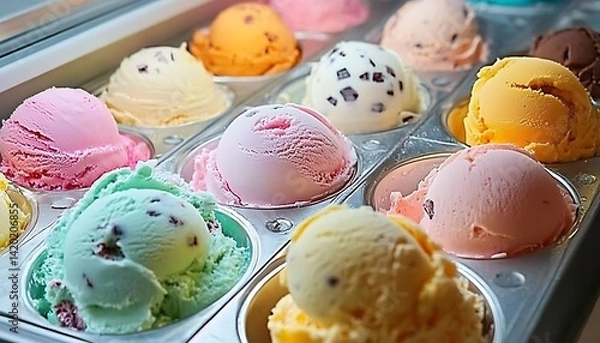 Obraz Get ready for summer with a freezer full of ice cream flavors and ice cubes in the bucket. ,