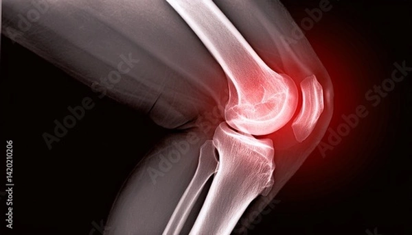 Fototapeta Knee joint x-ray with pain highlighted in red