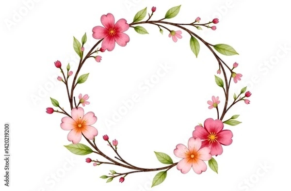 Fototapeta A beautiful wreath of pastel flowers, buds and twigs with leaves frames a white round label with free space for text