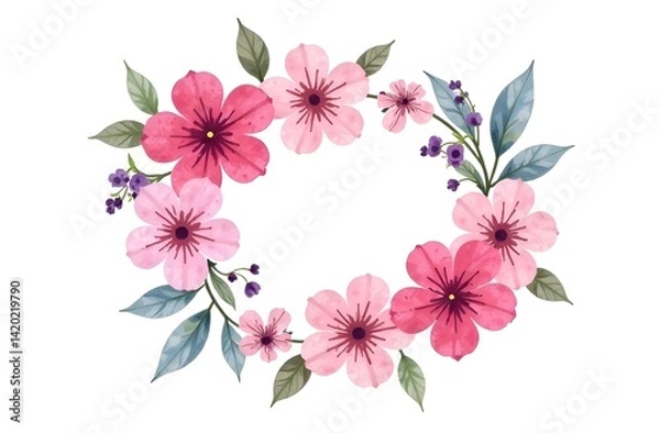 Fototapeta A beautiful watercolor wreath of delicate flowers and twigs with leaves frames a white round label with free space for text