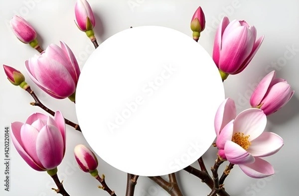 Fototapeta A beautiful wreath of pastel flowers, buds and branches with pink magnolia leaves frames a white round label with free space for text