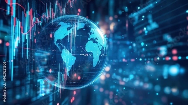 Fototapeta Digital globe with trading graphs. Global finance and business, technology and data visualization