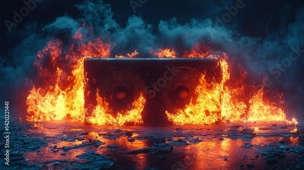 Fototapeta Fiery audio box in a smoky, dark setting.  Powerful sound system engulfed in flames.  Intense, dramatic visual