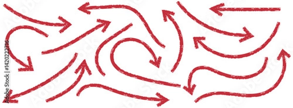 Fototapeta Red hand-drawn arrow marker. Red Hand-drawn brush stroke arrows. Red charcoal ovals and arrows strokes different forms. Hand drawn vector arrows doodle set on white background. Red long arrow set.