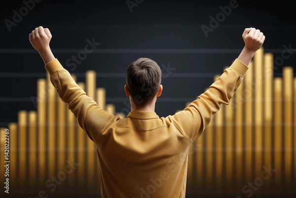 Obraz Triumphant Market Surge: A man in a yellow shirt stands before a rising gold bar chart, his arms raised in triumph.