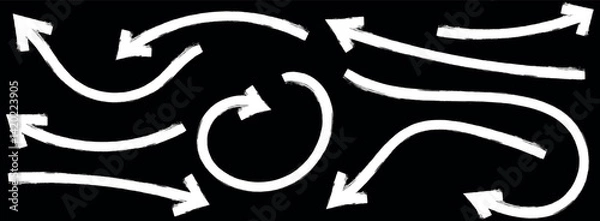 Fototapeta Hand-drawn thin line arrows set. Arrow icon. Doodle arrow. Collection of different arrow signs. Many vector curvy and wavy arrows. White hand-drawn doodle arrow set.