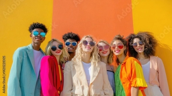 Fototapeta A vibrant group portrait featuring five individuals seated against colorful backgrounds in green, blue, purple, red, and teal.