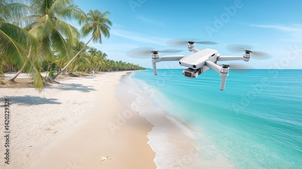 Fototapeta Drone flying above turquoise sea and white sandy beach lined with tropical palm trees. Perfect summer scene, concept of technology, travel and vacation.